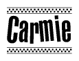 The image is a black and white clipart of the text Carmie in a bold, italicized font. The text is bordered by a dotted line on the top and bottom, and there are checkered flags positioned at both ends of the text, usually associated with racing or finishing lines.