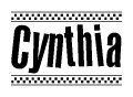 The image contains the text Cynthia in a bold, stylized font, with a checkered flag pattern bordering the top and bottom of the text.