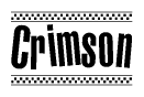 The image is a black and white clipart of the text Crimson in a bold, italicized font. The text is bordered by a dotted line on the top and bottom, and there are checkered flags positioned at both ends of the text, usually associated with racing or finishing lines.