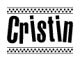 The image is a black and white clipart of the text Cristin in a bold, italicized font. The text is bordered by a dotted line on the top and bottom, and there are checkered flags positioned at both ends of the text, usually associated with racing or finishing lines.
