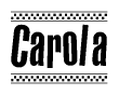 The image contains the text Carola in a bold, stylized font, with a checkered flag pattern bordering the top and bottom of the text.