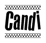 The image is a black and white clipart of the text Candi in a bold, italicized font. The text is bordered by a dotted line on the top and bottom, and there are checkered flags positioned at both ends of the text, usually associated with racing or finishing lines.
