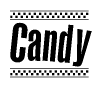 The image contains the text Candy in a bold, stylized font, with a checkered flag pattern bordering the top and bottom of the text.