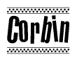 The clipart image displays the text Corbin in a bold, stylized font. It is enclosed in a rectangular border with a checkerboard pattern running below and above the text, similar to a finish line in racing. 