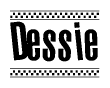 The image is a black and white clipart of the text Dessie in a bold, italicized font. The text is bordered by a dotted line on the top and bottom, and there are checkered flags positioned at both ends of the text, usually associated with racing or finishing lines.