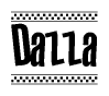 The image is a black and white clipart of the text Dazza in a bold, italicized font. The text is bordered by a dotted line on the top and bottom, and there are checkered flags positioned at both ends of the text, usually associated with racing or finishing lines.