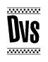 The image is a black and white clipart of the text Dvs in a bold, italicized font. The text is bordered by a dotted line on the top and bottom, and there are checkered flags positioned at both ends of the text, usually associated with racing or finishing lines.