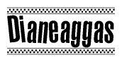The image is a black and white clipart of the text Dianeaggas in a bold, italicized font. The text is bordered by a dotted line on the top and bottom, and there are checkered flags positioned at both ends of the text, usually associated with racing or finishing lines.