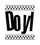 The image contains the text Doyl in a bold, stylized font, with a checkered flag pattern bordering the top and bottom of the text.