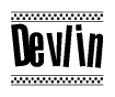 The image contains the text Devlin in a bold, stylized font, with a checkered flag pattern bordering the top and bottom of the text.