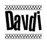The image is a black and white clipart of the text Davdi in a bold, italicized font. The text is bordered by a dotted line on the top and bottom, and there are checkered flags positioned at both ends of the text, usually associated with racing or finishing lines.