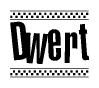 The image is a black and white clipart of the text Dwert in a bold, italicized font. The text is bordered by a dotted line on the top and bottom, and there are checkered flags positioned at both ends of the text, usually associated with racing or finishing lines.