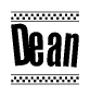 The image is a black and white clipart of the text Dean in a bold, italicized font. The text is bordered by a dotted line on the top and bottom, and there are checkered flags positioned at both ends of the text, usually associated with racing or finishing lines.