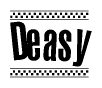 The image is a black and white clipart of the text Deasy in a bold, italicized font. The text is bordered by a dotted line on the top and bottom, and there are checkered flags positioned at both ends of the text, usually associated with racing or finishing lines.