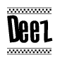 The image is a black and white clipart of the text Deez in a bold, italicized font. The text is bordered by a dotted line on the top and bottom, and there are checkered flags positioned at both ends of the text, usually associated with racing or finishing lines.