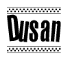 The image contains the text Dusan in a bold, stylized font, with a checkered flag pattern bordering the top and bottom of the text.