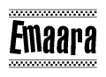 The clipart image displays the text Emaara in a bold, stylized font. It is enclosed in a rectangular border with a checkerboard pattern running below and above the text, similar to a finish line in racing. 