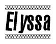 The image is a black and white clipart of the text Elyssa in a bold, italicized font. The text is bordered by a dotted line on the top and bottom, and there are checkered flags positioned at both ends of the text, usually associated with racing or finishing lines.