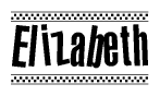The image contains the text Elizabeth in a bold, stylized font, with a checkered flag pattern bordering the top and bottom of the text.