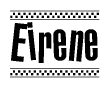 The clipart image displays the text Eirene in a bold, stylized font. It is enclosed in a rectangular border with a checkerboard pattern running below and above the text, similar to a finish line in racing. 