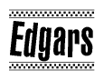 The image is a black and white clipart of the text Edgars in a bold, italicized font. The text is bordered by a dotted line on the top and bottom, and there are checkered flags positioned at both ends of the text, usually associated with racing or finishing lines.