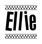 The clipart image displays the text Ellie in a bold, stylized font. It is enclosed in a rectangular border with a checkerboard pattern running below and above the text, similar to a finish line in racing. 