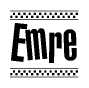 The image contains the text Emre in a bold, stylized font, with a checkered flag pattern bordering the top and bottom of the text.