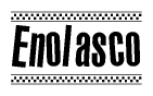 The image is a black and white clipart of the text Enolasco in a bold, italicized font. The text is bordered by a dotted line on the top and bottom, and there are checkered flags positioned at both ends of the text, usually associated with racing or finishing lines.