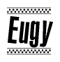 The image contains the text Eugy in a bold, stylized font, with a checkered flag pattern bordering the top and bottom of the text.