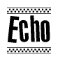 The image is a black and white clipart of the text Echo in a bold, italicized font. The text is bordered by a dotted line on the top and bottom, and there are checkered flags positioned at both ends of the text, usually associated with racing or finishing lines.