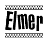 The clipart image displays the text Elmer in a bold, stylized font. It is enclosed in a rectangular border with a checkerboard pattern running below and above the text, similar to a finish line in racing. 