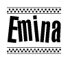 The image is a black and white clipart of the text Emina in a bold, italicized font. The text is bordered by a dotted line on the top and bottom, and there are checkered flags positioned at both ends of the text, usually associated with racing or finishing lines.
