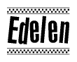 The image is a black and white clipart of the text Edelen in a bold, italicized font. The text is bordered by a dotted line on the top and bottom, and there are checkered flags positioned at both ends of the text, usually associated with racing or finishing lines.