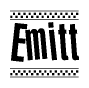 The image is a black and white clipart of the text Emitt in a bold, italicized font. The text is bordered by a dotted line on the top and bottom, and there are checkered flags positioned at both ends of the text, usually associated with racing or finishing lines.