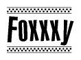 The clipart image displays the text Foxxxy in a bold, stylized font. It is enclosed in a rectangular border with a checkerboard pattern running below and above the text, similar to a finish line in racing. 