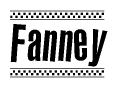 The image is a black and white clipart of the text Fanney in a bold, italicized font. The text is bordered by a dotted line on the top and bottom, and there are checkered flags positioned at both ends of the text, usually associated with racing or finishing lines.