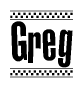 The clipart image displays the text Greg in a bold, stylized font. It is enclosed in a rectangular border with a checkerboard pattern running below and above the text, similar to a finish line in racing. 