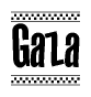 The image is a black and white clipart of the text Gaza in a bold, italicized font. The text is bordered by a dotted line on the top and bottom, and there are checkered flags positioned at both ends of the text, usually associated with racing or finishing lines.