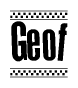 The clipart image displays the text Geof in a bold, stylized font. It is enclosed in a rectangular border with a checkerboard pattern running below and above the text, similar to a finish line in racing. 