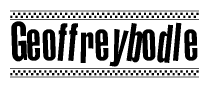 The image is a black and white clipart of the text Geoffreybodle in a bold, italicized font. The text is bordered by a dotted line on the top and bottom, and there are checkered flags positioned at both ends of the text, usually associated with racing or finishing lines.