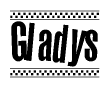 The image is a black and white clipart of the text Gladys in a bold, italicized font. The text is bordered by a dotted line on the top and bottom, and there are checkered flags positioned at both ends of the text, usually associated with racing or finishing lines.