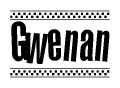The clipart image displays the text Gwenan in a bold, stylized font. It is enclosed in a rectangular border with a checkerboard pattern running below and above the text, similar to a finish line in racing. 