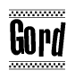 The clipart image displays the text Gord in a bold, stylized font. It is enclosed in a rectangular border with a checkerboard pattern running below and above the text, similar to a finish line in racing. 
