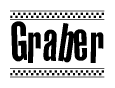 The image is a black and white clipart of the text Graber in a bold, italicized font. The text is bordered by a dotted line on the top and bottom, and there are checkered flags positioned at both ends of the text, usually associated with racing or finishing lines.