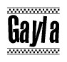 The image contains the text Gayla in a bold, stylized font, with a checkered flag pattern bordering the top and bottom of the text.