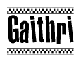 The image is a black and white clipart of the text Gaithri in a bold, italicized font. The text is bordered by a dotted line on the top and bottom, and there are checkered flags positioned at both ends of the text, usually associated with racing or finishing lines.
