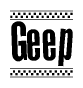 The image is a black and white clipart of the text Geep in a bold, italicized font. The text is bordered by a dotted line on the top and bottom, and there are checkered flags positioned at both ends of the text, usually associated with racing or finishing lines.