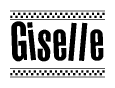 The image contains the text Giselle in a bold, stylized font, with a checkered flag pattern bordering the top and bottom of the text.