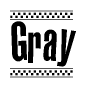The image is a black and white clipart of the text Gray in a bold, italicized font. The text is bordered by a dotted line on the top and bottom, and there are checkered flags positioned at both ends of the text, usually associated with racing or finishing lines.