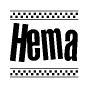 The clipart image displays the text Hema in a bold, stylized font. It is enclosed in a rectangular border with a checkerboard pattern running below and above the text, similar to a finish line in racing. 